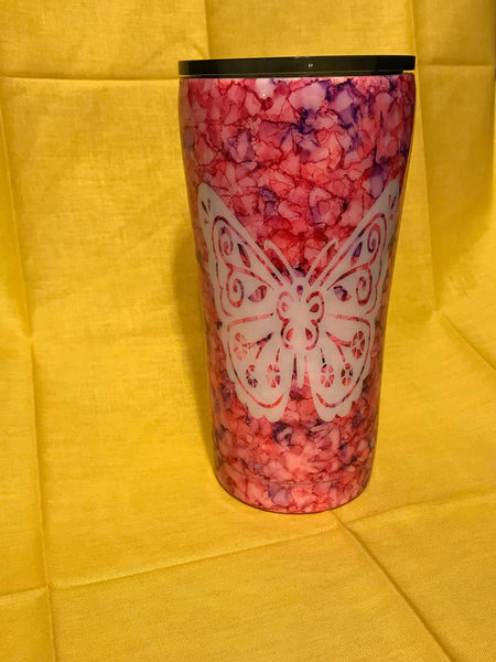 Butterfly Cup, Alcohol Ink Cup, Pink Butterfly Coffee Cup, Beautiful Tumbler, Butterfly Coffee Cup, Butterfly Tumbler, Alcohol Ink Ombre