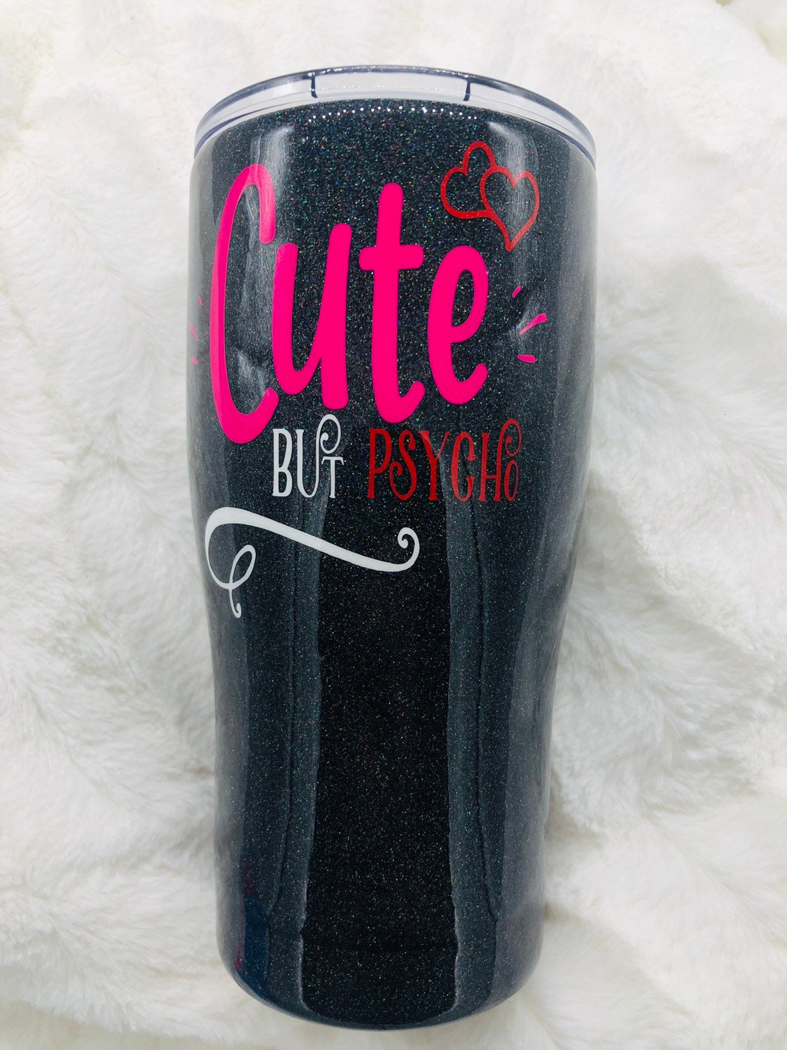 Glitter, Glitter Cup, Glitter Tumbler, Tumbler, Cute But Psycho, Black Cup, Black Glitter, Coffee Cup, Pink Tumbler, Personalized Cup, Gift